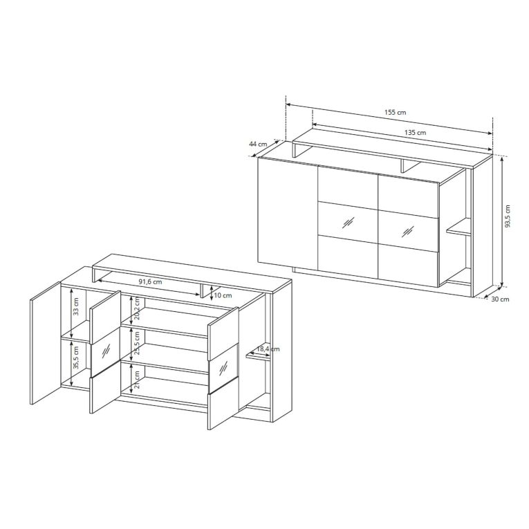 Credenza Marrone Rovere Nero 8 Ripiani Apertura Battente 155x44x94h cm, 3 Ante - Hafa
