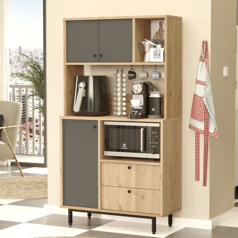 Credenza Marrone Rovere Nero Antracite 5 Ripiani 2 Cassetti 88x36x161h cm, 3 Ante - Paratico