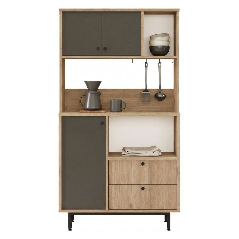 Credenza Marrone Rovere Nero Antracite 5 Ripiani 2 Cassetti 88x36x161h cm, 3 Ante - Paratico
