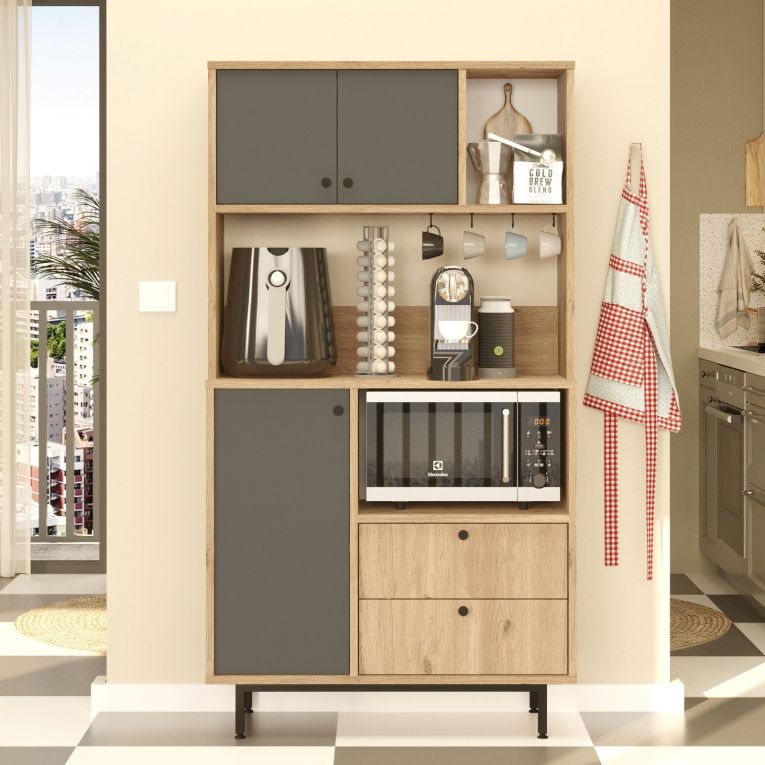 Credenza Marrone Rovere Nero Antracite 5 Ripiani 2 Cassetti 88x36x161h cm, 3 Ante - Paratico