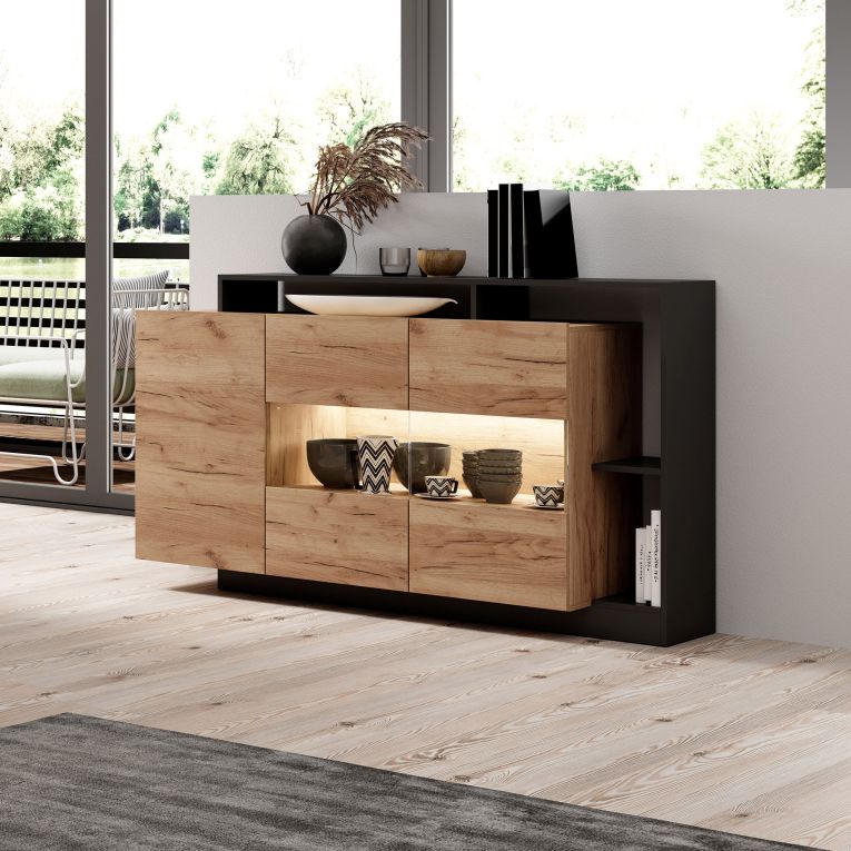Credenza Marrone Rovere Nero Antracite 7 Ripiani Apertura Battente 155x44x94h cm, 4 Ante - Hafa