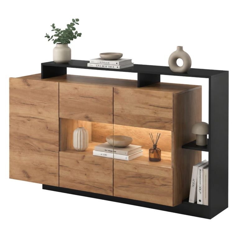 Credenza Marrone Rovere Nero Antracite 7 Ripiani Apertura Battente 155x44x94h cm, 4 Ante - Hafa