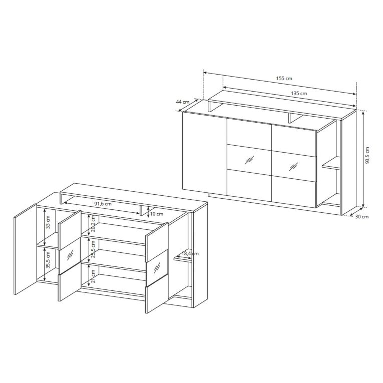 Credenza Marrone Rovere Nero Antracite 7 Ripiani Apertura Battente 155x44x94h cm, 4 Ante - Hafa
