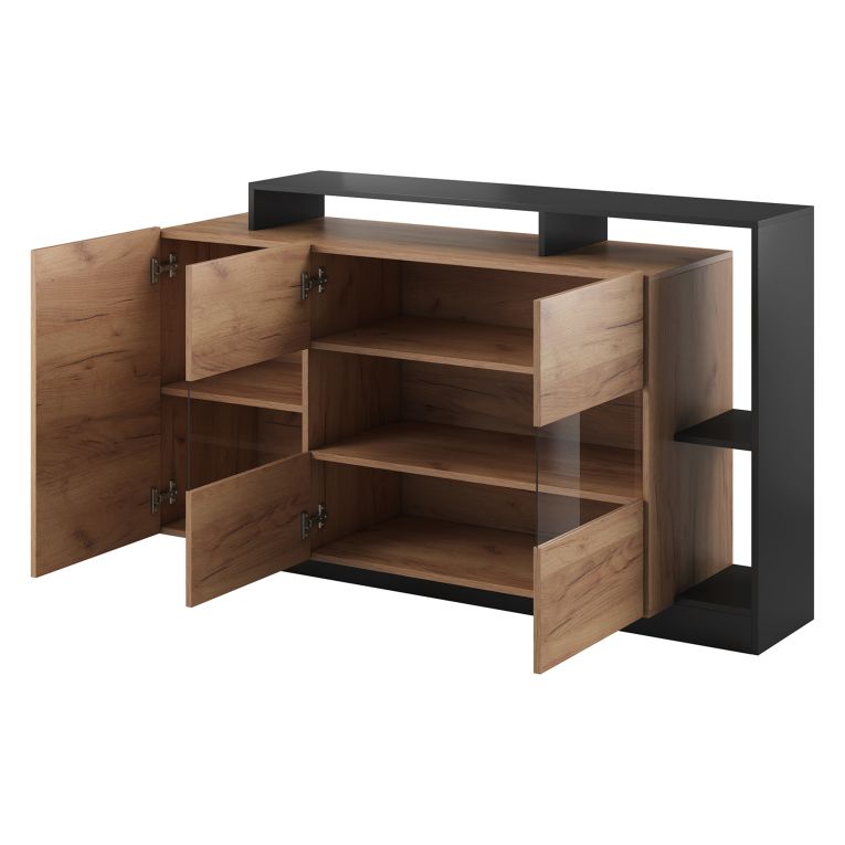 Credenza Marrone Rovere Nero Antracite 7 Ripiani Apertura Battente 155x44x94h cm, 4 Ante - Hafa