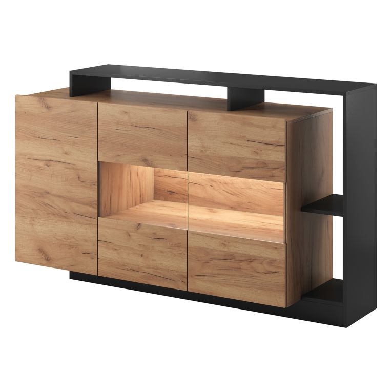 Credenza Marrone Rovere Nero Antracite 7 Ripiani Apertura Battente 155x44x94h cm, 4 Ante - Hafa