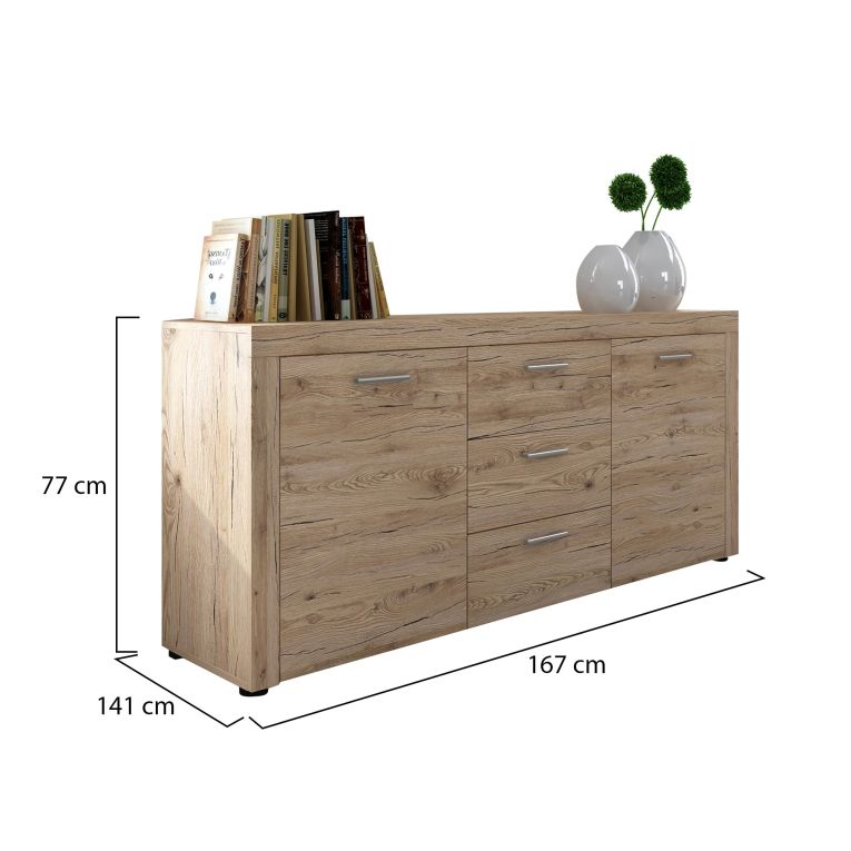 Credenza Marrone Rovere Nodi 3 Cassetti 2 Ripiani 167x41x77h cm, Apertura Battente - Faggiano