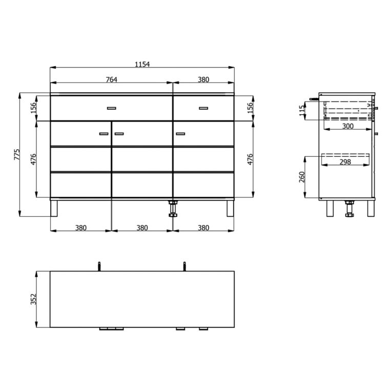 Credenza Marrone Rovere Nodi 3 Ripiani 2 Cassetti 116x35x78h cm, 4 Vani - Jerico