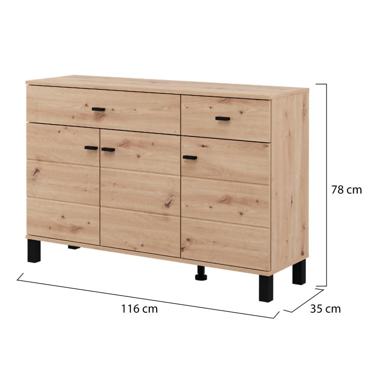 Credenza Marrone Rovere Nodi 3 Ripiani 2 Cassetti 116x35x78h cm, 4 Vani - Jerico