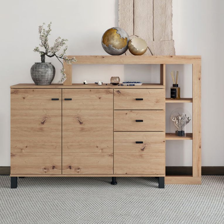 Credenza Marrone Rovere Nodi 4 Ripiani 3 Cassetti 145x35x101h cm, 6 Vani - Valiza