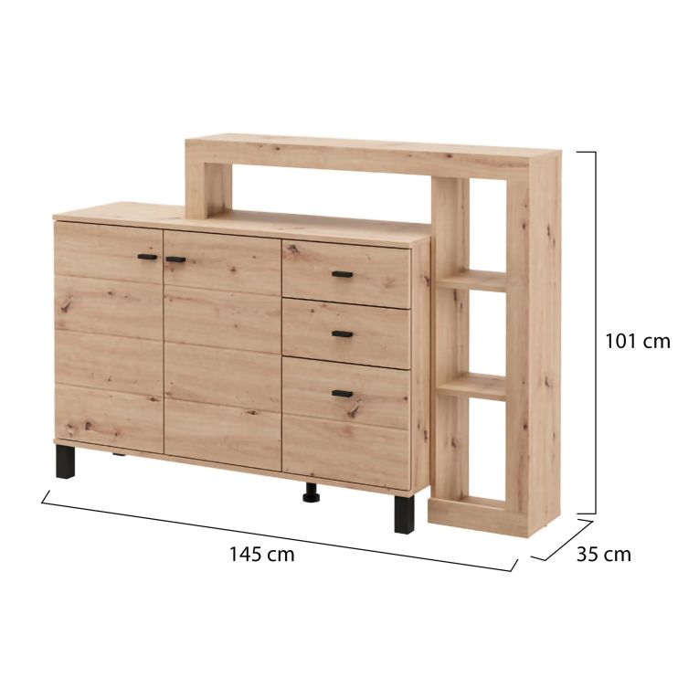 Credenza Marrone Rovere Nodi 4 Ripiani 3 Cassetti 145x35x101h cm, 6 Vani - Valiza