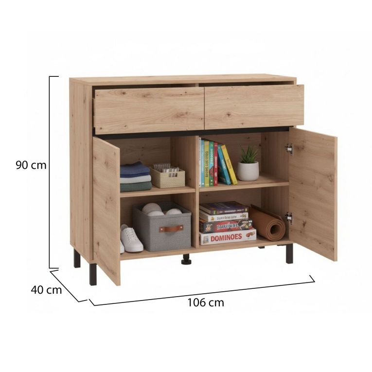 Credenza Marrone Rovere Nodi Nero 2 Cassetti 2 Ripiani 106x40x90h cm, Apertura Battente, Scorrevole - Giarree