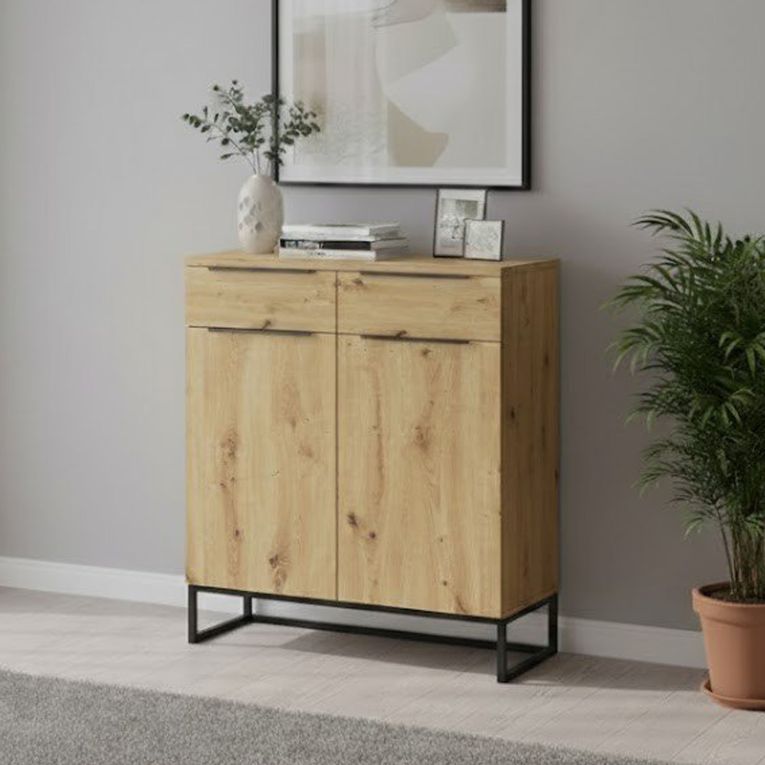 Credenza Marrone Rovere Nodi Nero 2 Cassetti 2 Ripiani 78x37x99h cm, Apertura Battente - Fiastrone