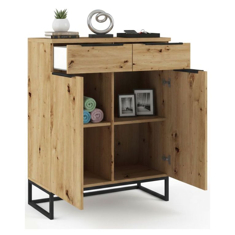 Credenza Marrone Rovere Nodi Nero 2 Cassetti 2 Ripiani 78x37x99h cm, Apertura Battente - Fiastrone