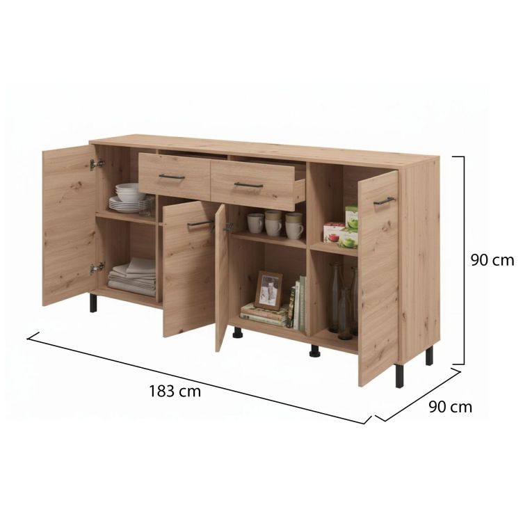 Credenza Marrone Rovere Nodi Nero 2 Cassetti 4 Ripiani 183x40x90h cm, Apertura Battente, Scorrevole - Grondona