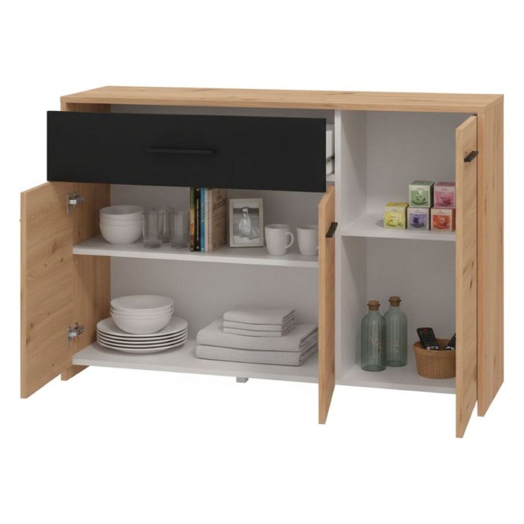 Credenza Marrone Rovere Nodi Nero 2 Ripiani un Cassetto 119x33x80.5h cm, 3 Ante - Sanza
