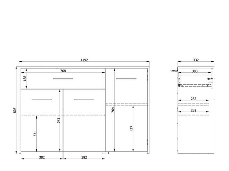 Credenza Marrone Rovere Nodi Nero 2 Ripiani un Cassetto 119x33x80.5h cm, 3 Ante - Sanza