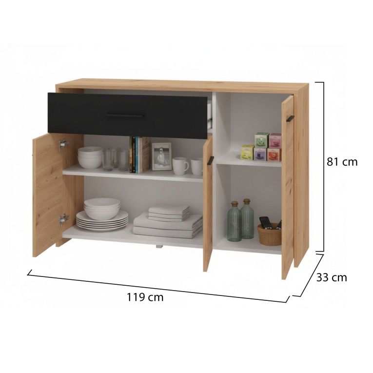 Credenza Marrone Rovere Nodi Nero 2 Ripiani un Cassetto 119x33x80.5h cm, 3 Ante - Sanza