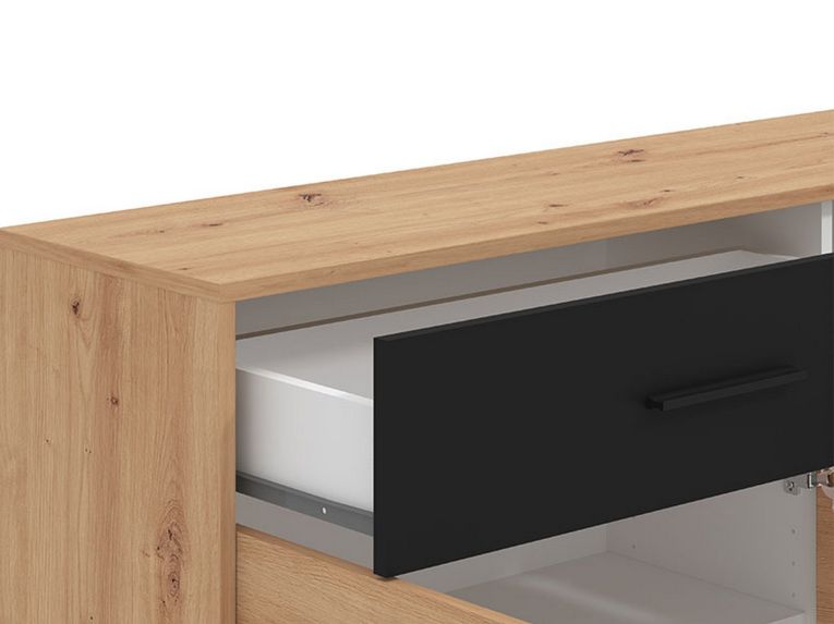 Credenza Marrone Rovere Nodi Nero 2 Ripiani un Cassetto 119x33x80.5h cm, 3 Ante - Sanza