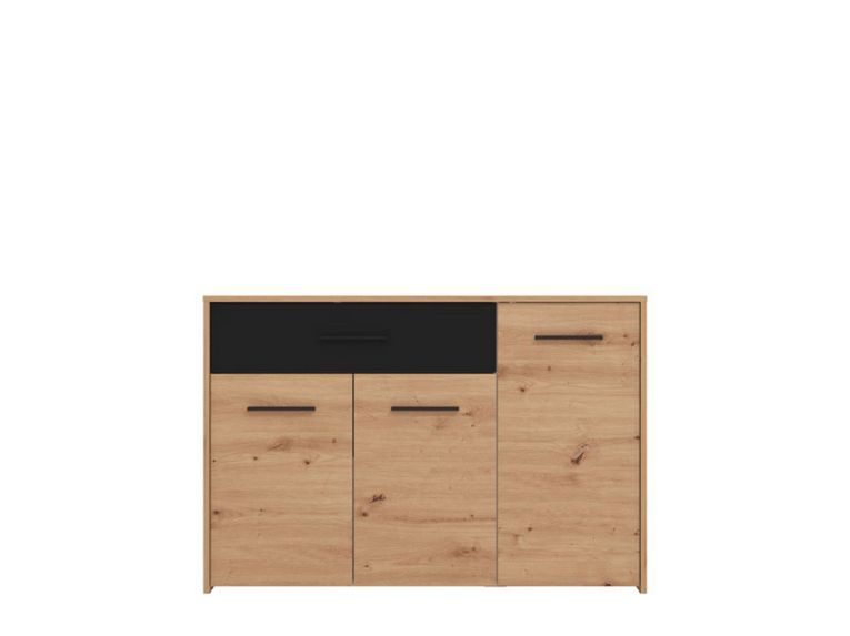 Credenza Marrone Rovere Nodi Nero 2 Ripiani un Cassetto 119x33x80.5h cm, 3 Ante - Sanza