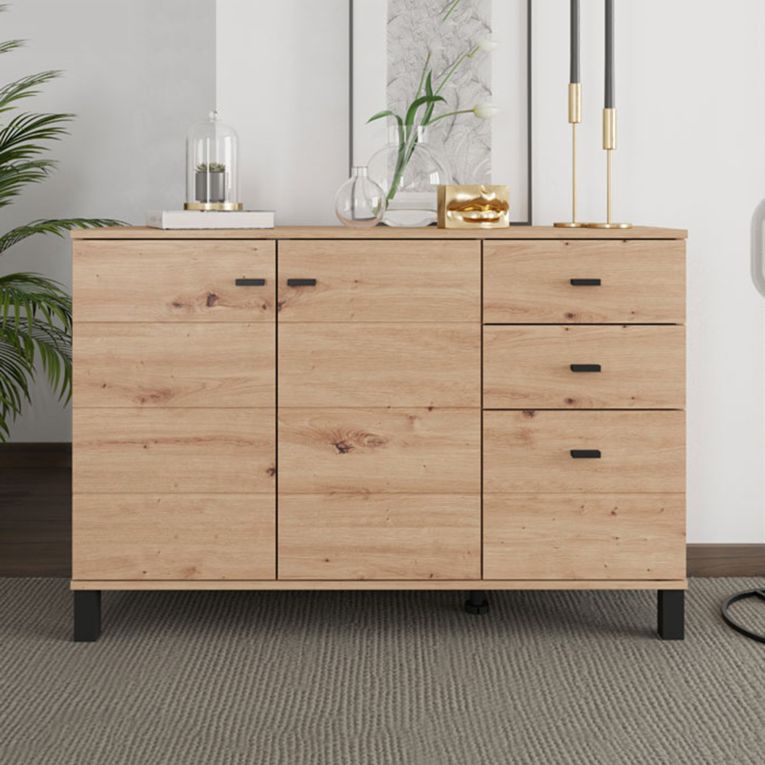 Credenza Marrone Rovere Nodi Nero 3 Cassetti 2 Ripiani 116x35x78h cm, Apertura Battente, Scorrevole - Guatav