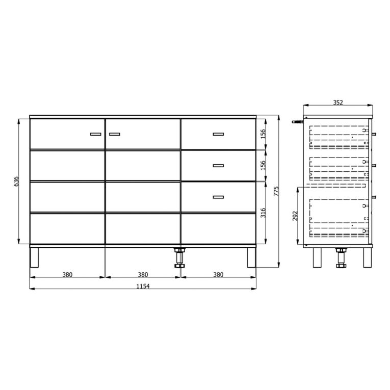 Credenza Marrone Rovere Nodi Nero 3 Cassetti 2 Ripiani 116x35x78h cm, Apertura Battente, Scorrevole - Guatav