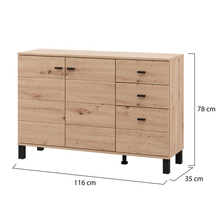 Credenza Marrone Rovere Nodi Nero 3 Cassetti 2 Ripiani 116x35x78h cm, Apertura Battente, Scorrevole - Guatav