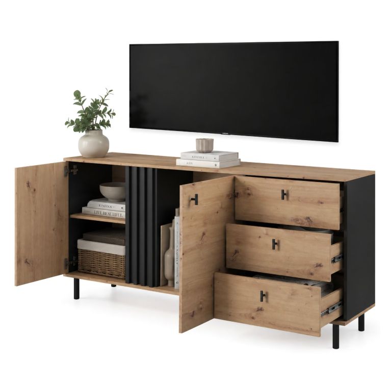 Credenza Marrone Rovere Nodi Nero 3 Cassetti 2 Ripiani 165x40x82h cm, Apertura Battente, Scorrevole - Haradali