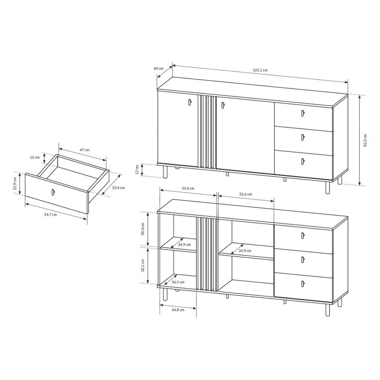 Credenza Marrone Rovere Nodi Nero 3 Cassetti 2 Ripiani 165x40x82h cm, Apertura Battente, Scorrevole - Haradali