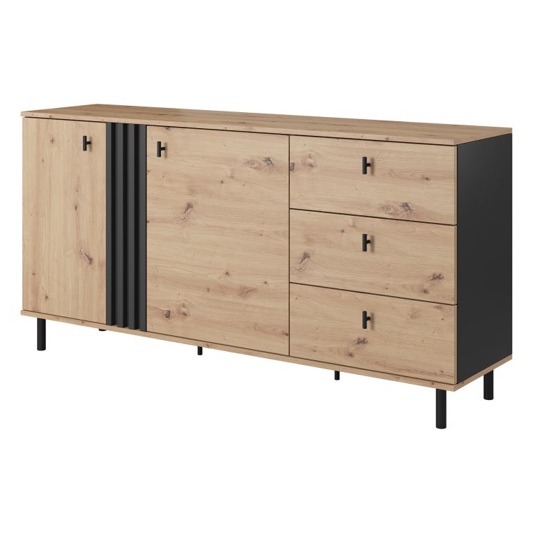 Credenza Marrone Rovere Nodi Nero 3 Cassetti 2 Ripiani 165x40x82h cm, Apertura Battente, Scorrevole - Haradali