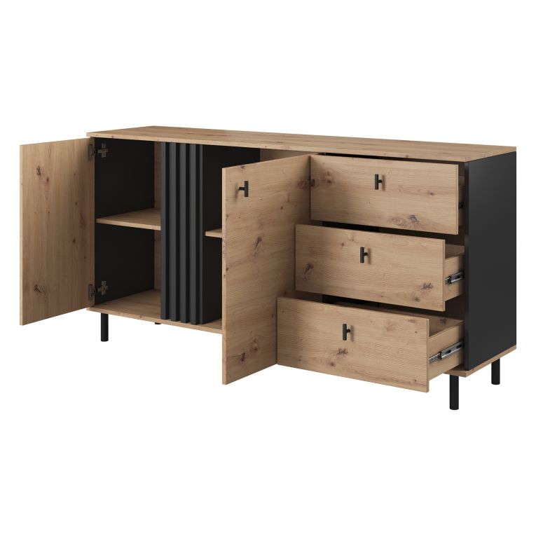 Credenza Marrone Rovere Nodi Nero 3 Cassetti 2 Ripiani 165x40x82h cm, Apertura Battente, Scorrevole - Haradali