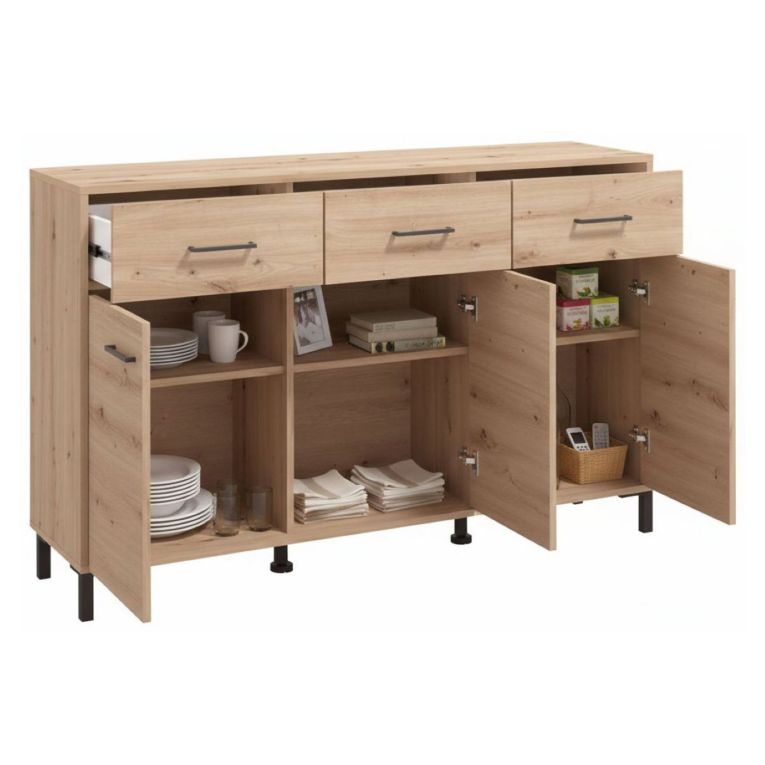Credenza Marrone Rovere Nodi Nero 3 Cassetti 3 Ripiani 138x40x90h cm, Apertura Battente e Scorrevole - Laerru