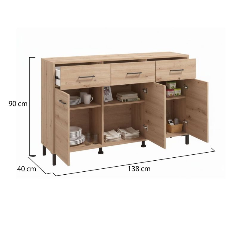 Credenza Marrone Rovere Nodi Nero 3 Cassetti 3 Ripiani 138x40x90h cm, Apertura Battente e Scorrevole - Laerru