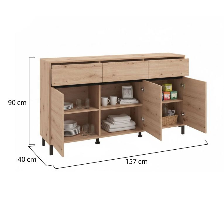 Credenza Marrone Rovere Nodi Nero 3 Cassetti 3 Ripiani 157x40x90h cm, Apertura Battente e Scorrevole - Giarre