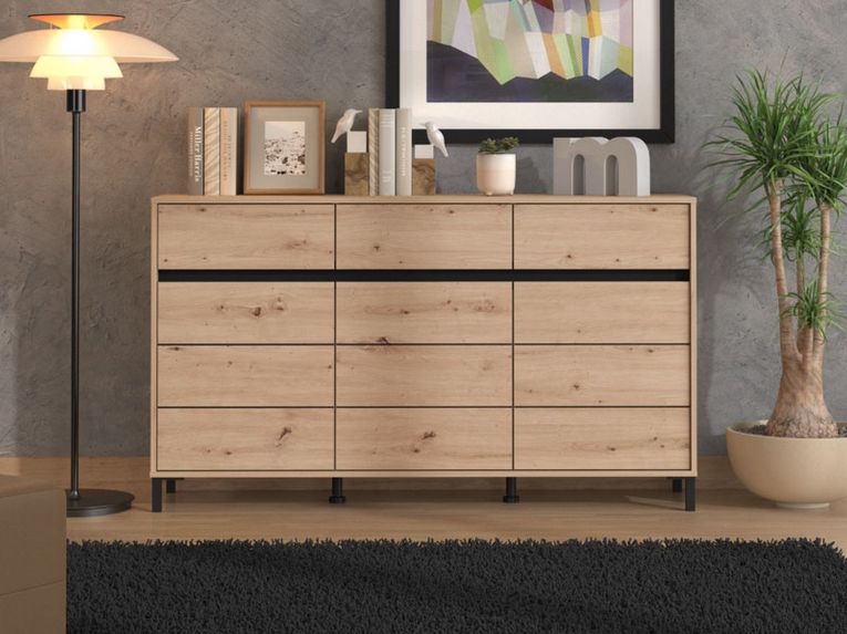 Credenza Marrone Rovere Nodi Nero 3 Cassetti 3 Ripiani 157x40x90h cm, Apertura Battente e Scorrevole - Giarre