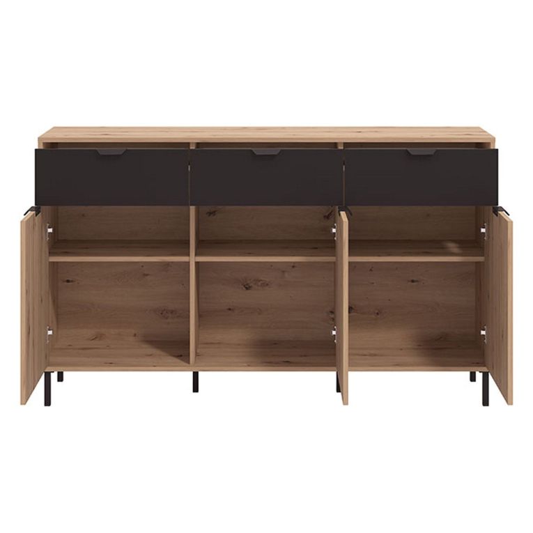Credenza Marrone Rovere Nodi Nero 3 Cassetti 3 Ripiani 157x40x92.5h cm, Apertura Battente e Scorrevole - Robbio