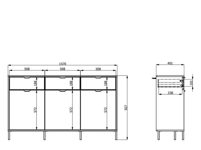 Credenza Marrone Rovere Nodi Nero 3 Cassetti 3 Ripiani 157x40x92.5h cm, Apertura Battente e Scorrevole - Robbio