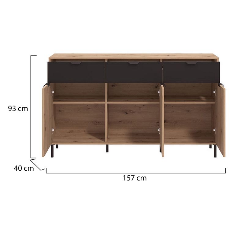 Credenza Marrone Rovere Nodi Nero 3 Cassetti 3 Ripiani 157x40x92.5h cm, Apertura Battente e Scorrevole - Robbio