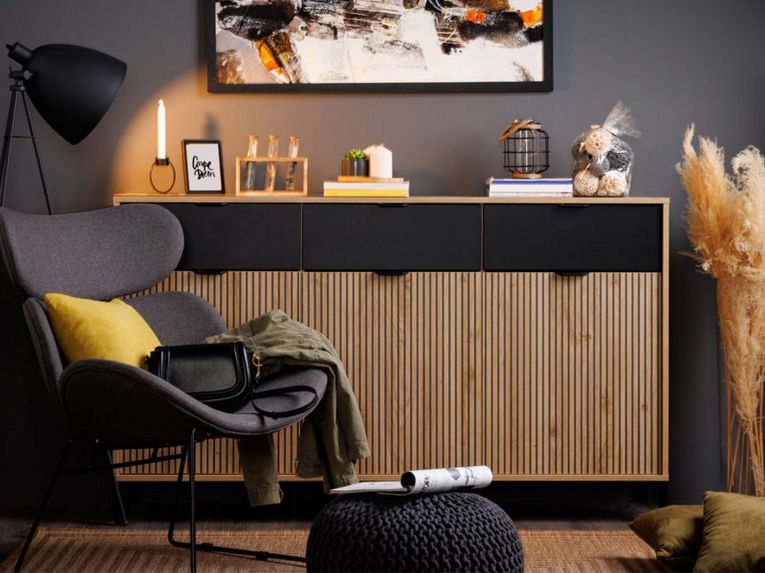 Credenza Marrone Rovere Nodi Nero 3 Cassetti 3 Ripiani 157x40x92.5h cm, Apertura Battente e Scorrevole - Robbio
