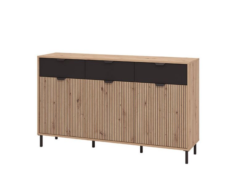 Credenza Marrone Rovere Nodi Nero 3 Cassetti 3 Ripiani 157x40x92.5h cm, Apertura Battente e Scorrevole - Robbio
