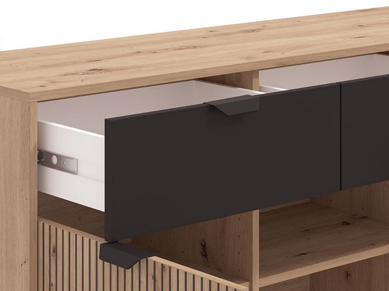 Credenza Marrone Rovere Nodi Nero 3 Cassetti 3 Ripiani 157x40x92.5h cm, Apertura Battente e Scorrevole - Robbio