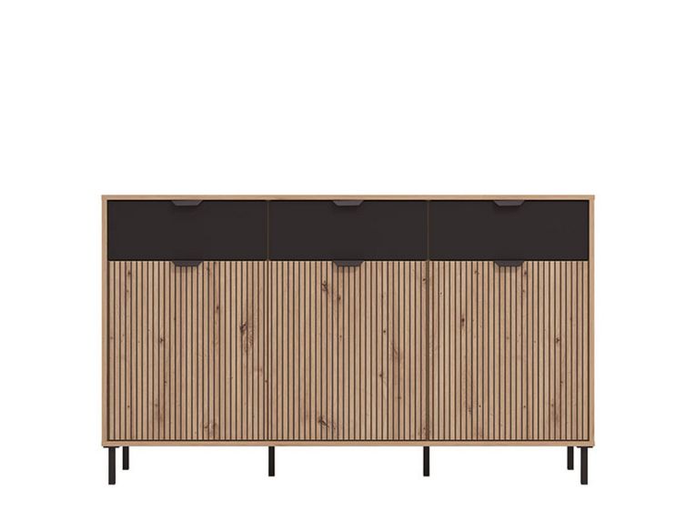 Credenza Marrone Rovere Nodi Nero 3 Cassetti 3 Ripiani 157x40x92.5h cm, Apertura Battente e Scorrevole - Robbio