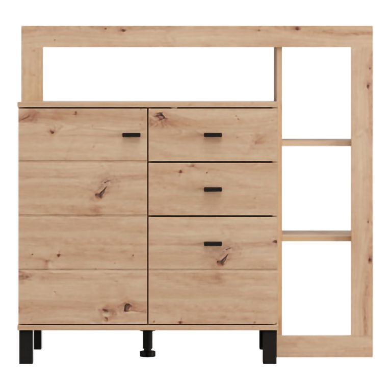 Credenza Marrone Rovere Nodi Nero 3 Cassetti 4 Ripiani 106x35x101h cm, Apertura Battente, Scorrevole - Coloni