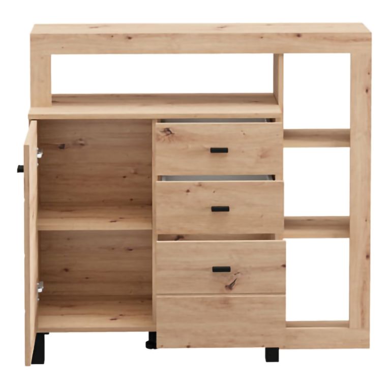 Credenza Marrone Rovere Nodi Nero 3 Cassetti 4 Ripiani 106x35x101h cm, Apertura Battente, Scorrevole - Coloni