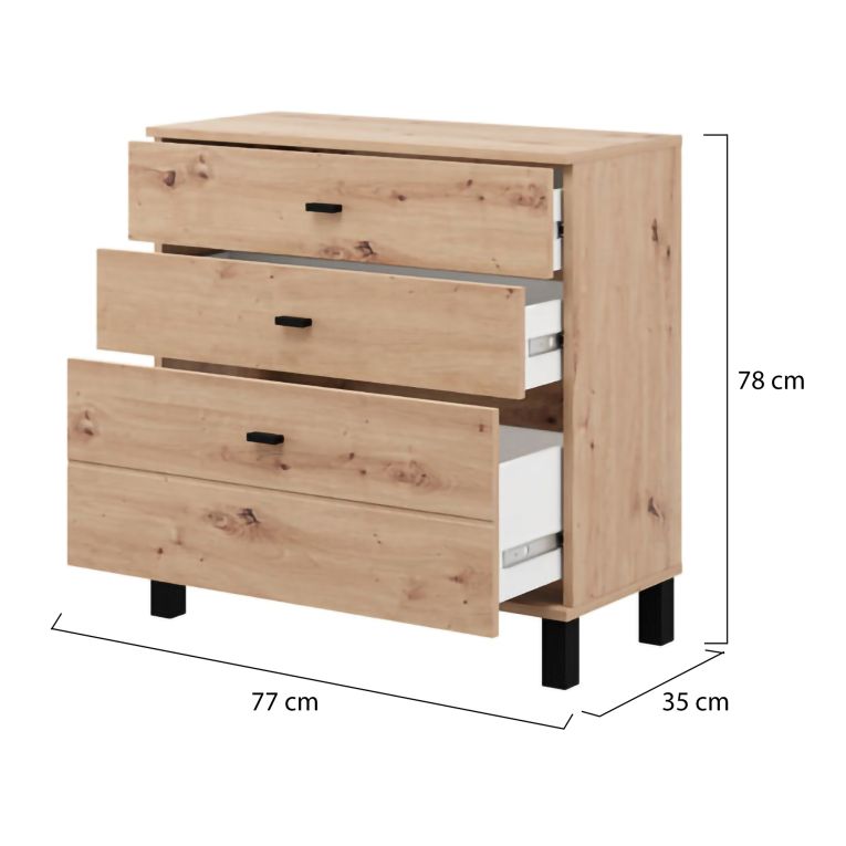 Credenza Marrone Rovere Nodi Nero 3 Cassetti un Ripiano 77x35x78h cm, con Piedini - Mindo