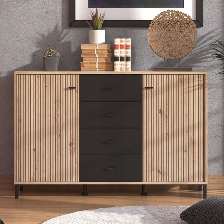 Credenza Marrone Rovere Nodi Nero 4 Cassetti 2 Ripiani 138x40x90h cm, Apertura Battente e Scorrevole - Settime