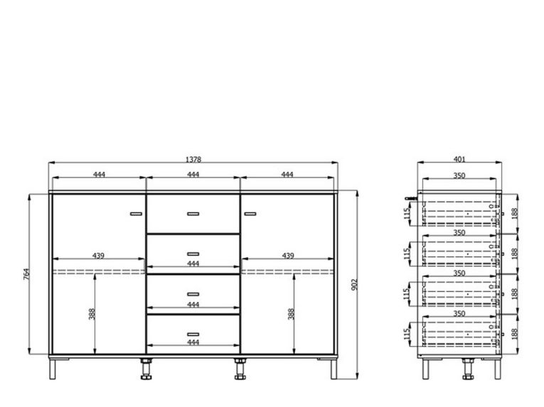 Credenza Marrone Rovere Nodi Nero 4 Cassetti 2 Ripiani 138x40x90h cm, Apertura Battente e Scorrevole - Settime
