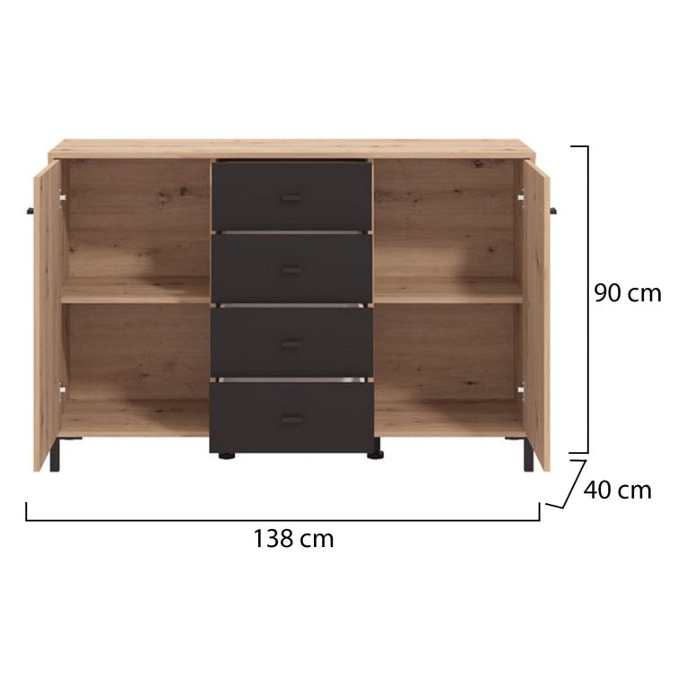 Credenza Marrone Rovere Nodi Nero 4 Cassetti 2 Ripiani 138x40x90h cm, Apertura Battente e Scorrevole - Settime
