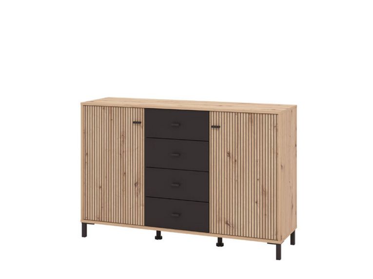 Credenza Marrone Rovere Nodi Nero 4 Cassetti 2 Ripiani 138x40x90h cm, Apertura Battente e Scorrevole - Settime