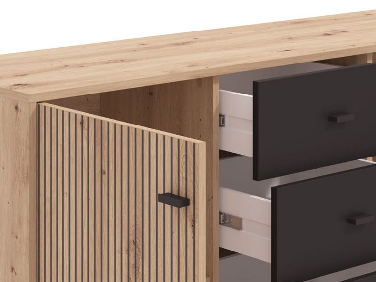 Credenza Marrone Rovere Nodi Nero 4 Cassetti 2 Ripiani 138x40x90h cm, Apertura Battente e Scorrevole - Settime
