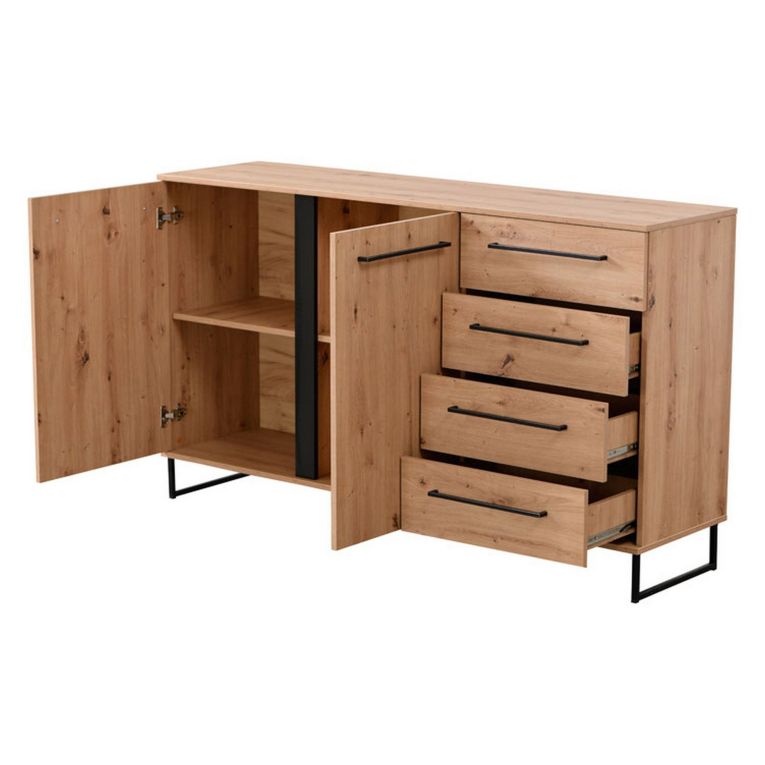 Credenza Marrone Rovere Nodi Nero 4 Cassetti 2 Ripiani 159x42x95h cm, Apertura Battente e Scorrevole - Ceredano